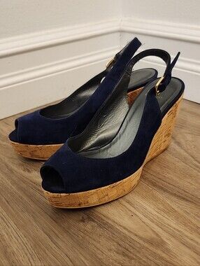 Stuart Weitzman Navy Suede Peep-Toe Cork Wedge "Jean" Slingbacks